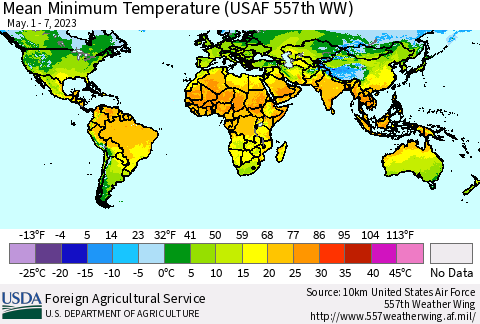 World Mean Minimum Temperature (USAF 557th WW) Thematic Map For 5/1/2023 - 5/7/2023