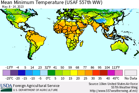 World Mean Minimum Temperature (USAF 557th WW) Thematic Map For 5/8/2023 - 5/14/2023
