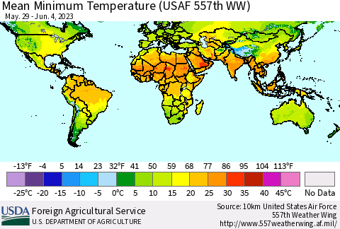 World Mean Minimum Temperature (USAF 557th WW) Thematic Map For 5/29/2023 - 6/4/2023