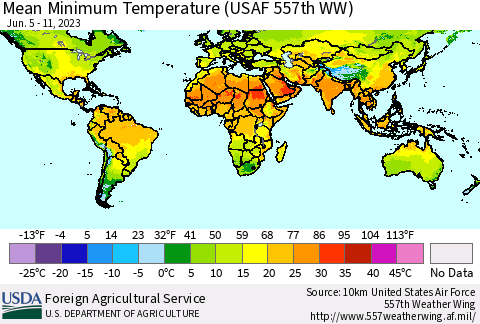 World Mean Minimum Temperature (USAF 557th WW) Thematic Map For 6/5/2023 - 6/11/2023
