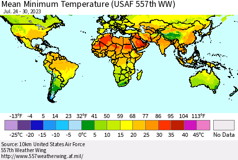 World Mean Minimum Temperature (USAF 557th WW) Thematic Map For 7/24/2023 - 7/30/2023