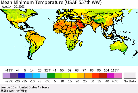 World Mean Minimum Temperature (USAF 557th WW) Thematic Map For 8/14/2023 - 8/20/2023
