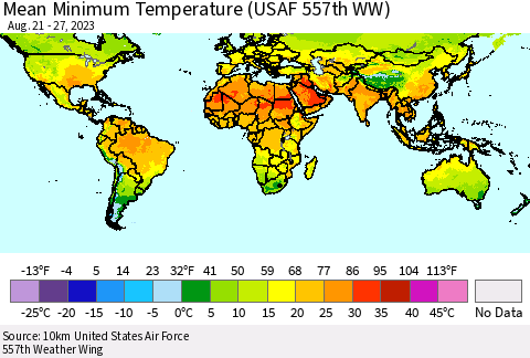 World Mean Minimum Temperature (USAF 557th WW) Thematic Map For 8/21/2023 - 8/27/2023