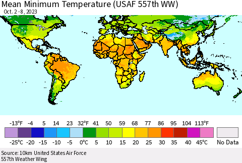 World Mean Minimum Temperature (USAF 557th WW) Thematic Map For 10/2/2023 - 10/8/2023