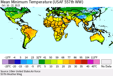 World Mean Minimum Temperature (USAF 557th WW) Thematic Map For 10/16/2023 - 10/22/2023