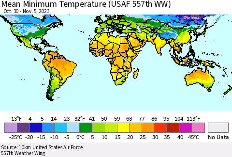 World Mean Minimum Temperature (USAF 557th WW) Thematic Map For 10/30/2023 - 11/5/2023