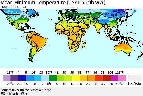 World Mean Minimum Temperature (USAF 557th WW) Thematic Map For 11/13/2023 - 11/19/2023