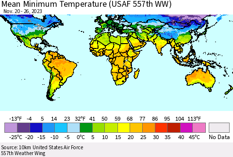 World Mean Minimum Temperature (USAF 557th WW) Thematic Map For 11/20/2023 - 11/26/2023