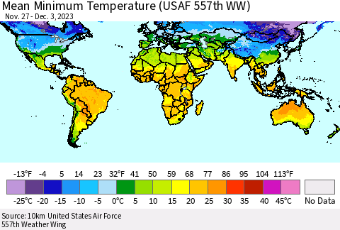 World Mean Minimum Temperature (USAF 557th WW) Thematic Map For 11/27/2023 - 12/3/2023