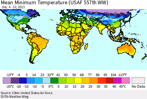 World Mean Minimum Temperature (USAF 557th WW) Thematic Map For 12/4/2023 - 12/10/2023