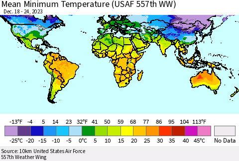 World Mean Minimum Temperature (USAF 557th WW) Thematic Map For 12/18/2023 - 12/24/2023