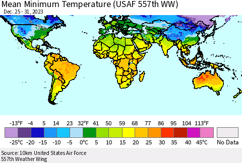 World Mean Minimum Temperature (USAF 557th WW) Thematic Map For 12/25/2023 - 12/31/2023