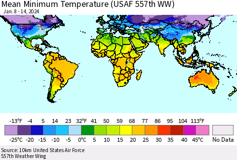 World Mean Minimum Temperature (USAF 557th WW) Thematic Map For 1/8/2024 - 1/14/2024