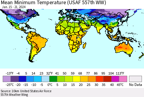 World Mean Minimum Temperature (USAF 557th WW) Thematic Map For 1/15/2024 - 1/21/2024