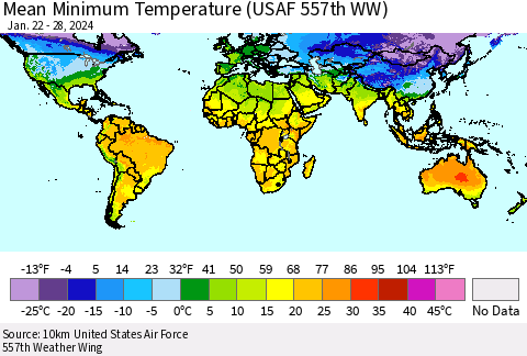 World Mean Minimum Temperature (USAF 557th WW) Thematic Map For 1/22/2024 - 1/28/2024