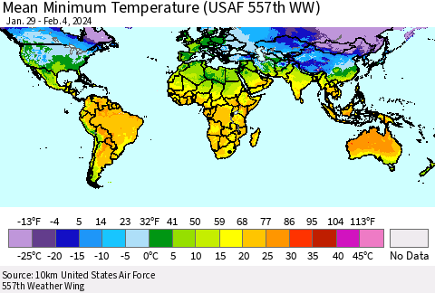 World Mean Minimum Temperature (USAF 557th WW) Thematic Map For 1/29/2024 - 2/4/2024