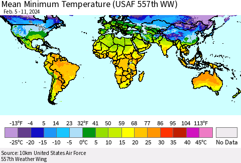 World Mean Minimum Temperature (USAF 557th WW) Thematic Map For 2/5/2024 - 2/11/2024