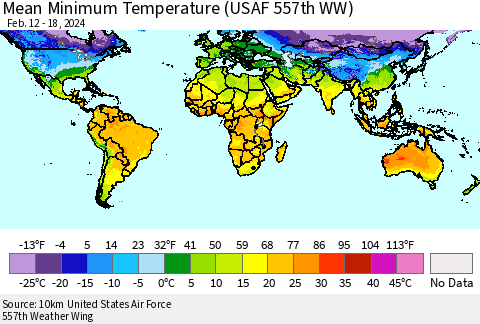 World Mean Minimum Temperature (USAF 557th WW) Thematic Map For 2/12/2024 - 2/18/2024