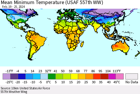 World Mean Minimum Temperature (USAF 557th WW) Thematic Map For 2/19/2024 - 2/25/2024