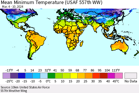 World Mean Minimum Temperature (USAF 557th WW) Thematic Map For 3/4/2024 - 3/10/2024