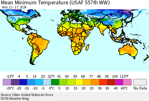 World Mean Minimum Temperature (USAF 557th WW) Thematic Map For 3/11/2024 - 3/17/2024