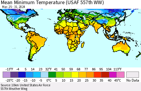 World Mean Minimum Temperature (USAF 557th WW) Thematic Map For 3/25/2024 - 3/31/2024