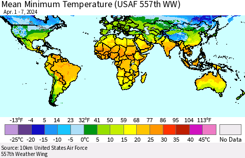 World Mean Minimum Temperature (USAF 557th WW) Thematic Map For 4/1/2024 - 4/7/2024