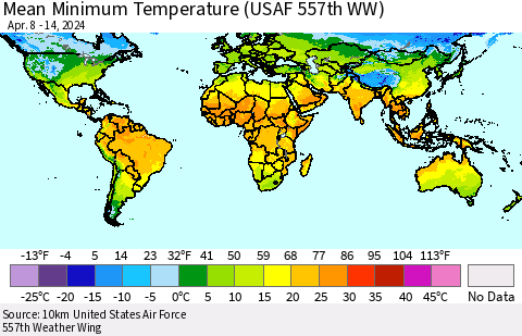 World Mean Minimum Temperature (USAF 557th WW) Thematic Map For 4/8/2024 - 4/14/2024