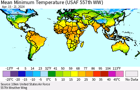 World Mean Minimum Temperature (USAF 557th WW) Thematic Map For 4/15/2024 - 4/21/2024