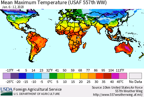 World Mean Maximum Temperature (USAF 557th WW) Thematic Map For 1/6/2020 - 1/12/2020