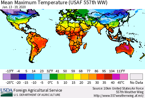 World Mean Maximum Temperature (USAF 557th WW) Thematic Map For 1/13/2020 - 1/19/2020