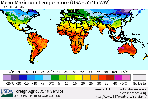 World Mean Maximum Temperature (USAF 557th WW) Thematic Map For 1/20/2020 - 1/26/2020