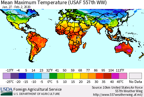 World Mean Maximum Temperature (USAF 557th WW) Thematic Map For 1/27/2020 - 2/2/2020