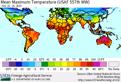World Mean Maximum Temperature (USAF 557th WW) Thematic Map For 2/10/2020 - 2/16/2020