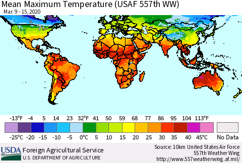 World Mean Maximum Temperature (USAF 557th WW) Thematic Map For 3/9/2020 - 3/15/2020