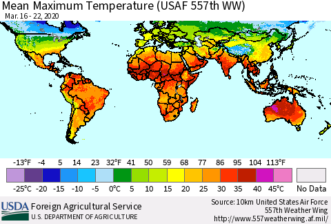 World Mean Maximum Temperature (USAF 557th WW) Thematic Map For 3/16/2020 - 3/22/2020