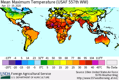 World Mean Maximum Temperature (USAF 557th WW) Thematic Map For 4/13/2020 - 4/19/2020