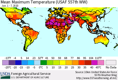 World Mean Maximum Temperature (USAF 557th WW) Thematic Map For 6/1/2020 - 6/7/2020