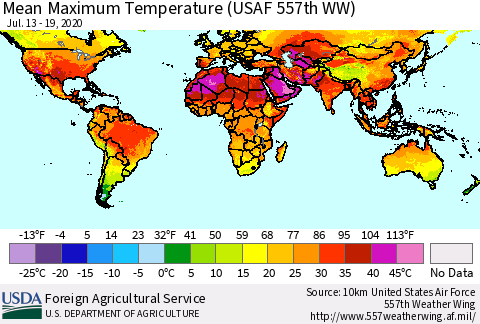 World Mean Maximum Temperature (USAF 557th WW) Thematic Map For 7/13/2020 - 7/19/2020