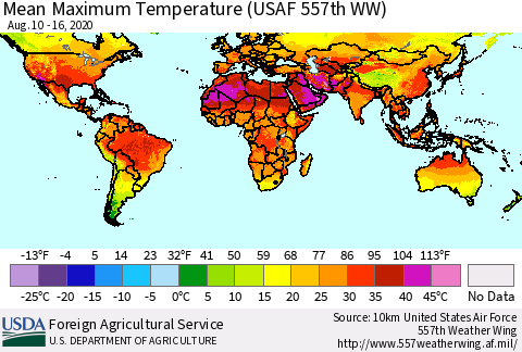 World Mean Maximum Temperature (USAF 557th WW) Thematic Map For 8/10/2020 - 8/16/2020