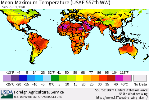World Mean Maximum Temperature (USAF 557th WW) Thematic Map For 9/7/2020 - 9/13/2020