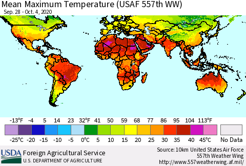 World Mean Maximum Temperature (USAF 557th WW) Thematic Map For 9/28/2020 - 10/4/2020