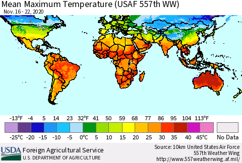 World Mean Maximum Temperature (USAF 557th WW) Thematic Map For 11/16/2020 - 11/22/2020