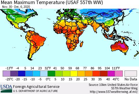 World Mean Maximum Temperature (USAF 557th WW) Thematic Map For 11/30/2020 - 12/6/2020