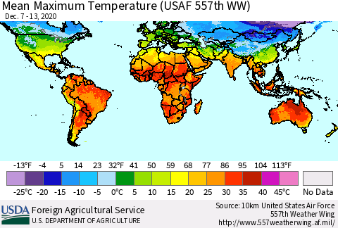 World Mean Maximum Temperature (USAF 557th WW) Thematic Map For 12/7/2020 - 12/13/2020