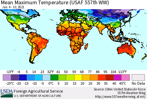 World Mean Maximum Temperature (USAF 557th WW) Thematic Map For 1/4/2021 - 1/10/2021