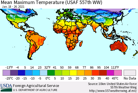 World Mean Maximum Temperature (USAF 557th WW) Thematic Map For 1/18/2021 - 1/24/2021