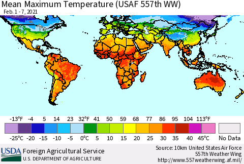 World Mean Maximum Temperature (USAF 557th WW) Thematic Map For 2/1/2021 - 2/7/2021