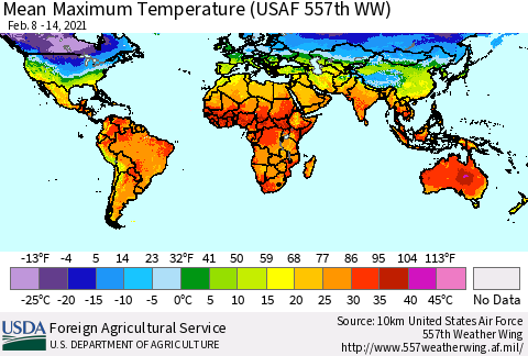 World Mean Maximum Temperature (USAF 557th WW) Thematic Map For 2/8/2021 - 2/14/2021