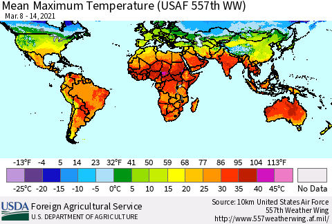 World Mean Maximum Temperature (USAF 557th WW) Thematic Map For 3/8/2021 - 3/14/2021